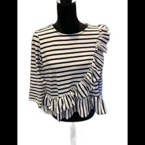 Crown & Ivy Striped Blouse Petite Large Navy Blue White Ruffle Cropped Cotton